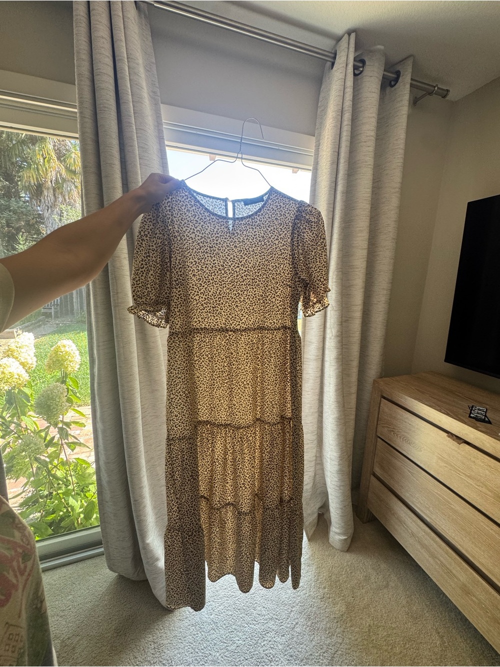 Tiered Short-Sleeve Midi Dress in Beige Leopard